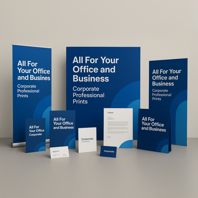 Display of banners brochures business cards and stationery showcasing Corporate and Business Professional Prints collection