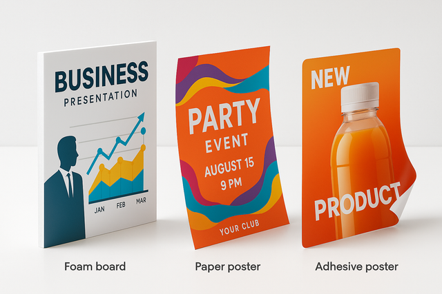 Custom Poster Printing trio showing foam board business chart paper party and adhesive product posters