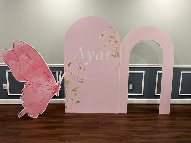 Pre Designed Foam Board Backdrops with pink butterfly and floral arch for creative photo and event setups