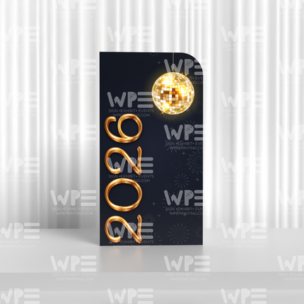 dark blue backdrop with gold text and disco ball
