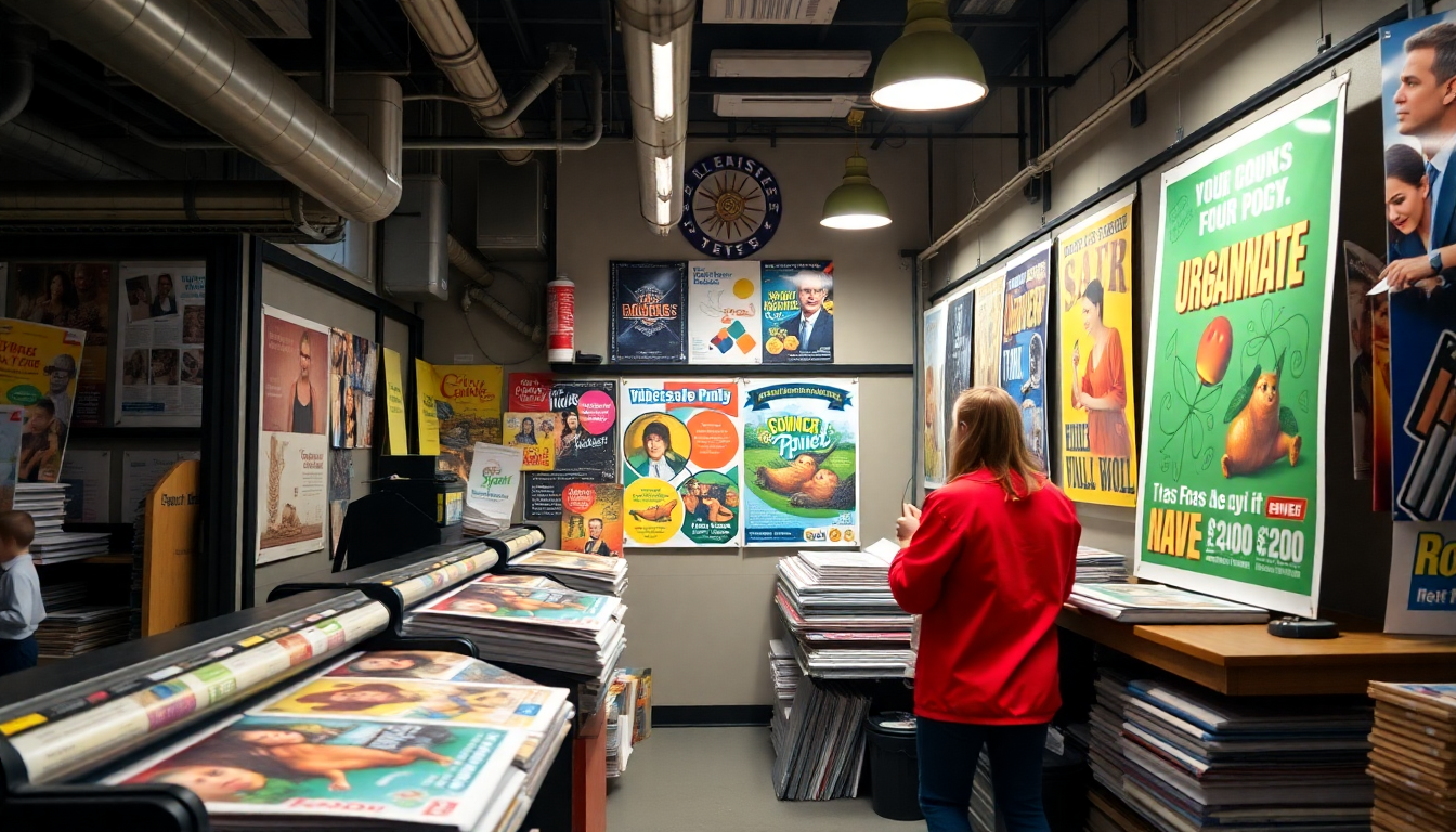 A busy print shop producing vibrant business posters