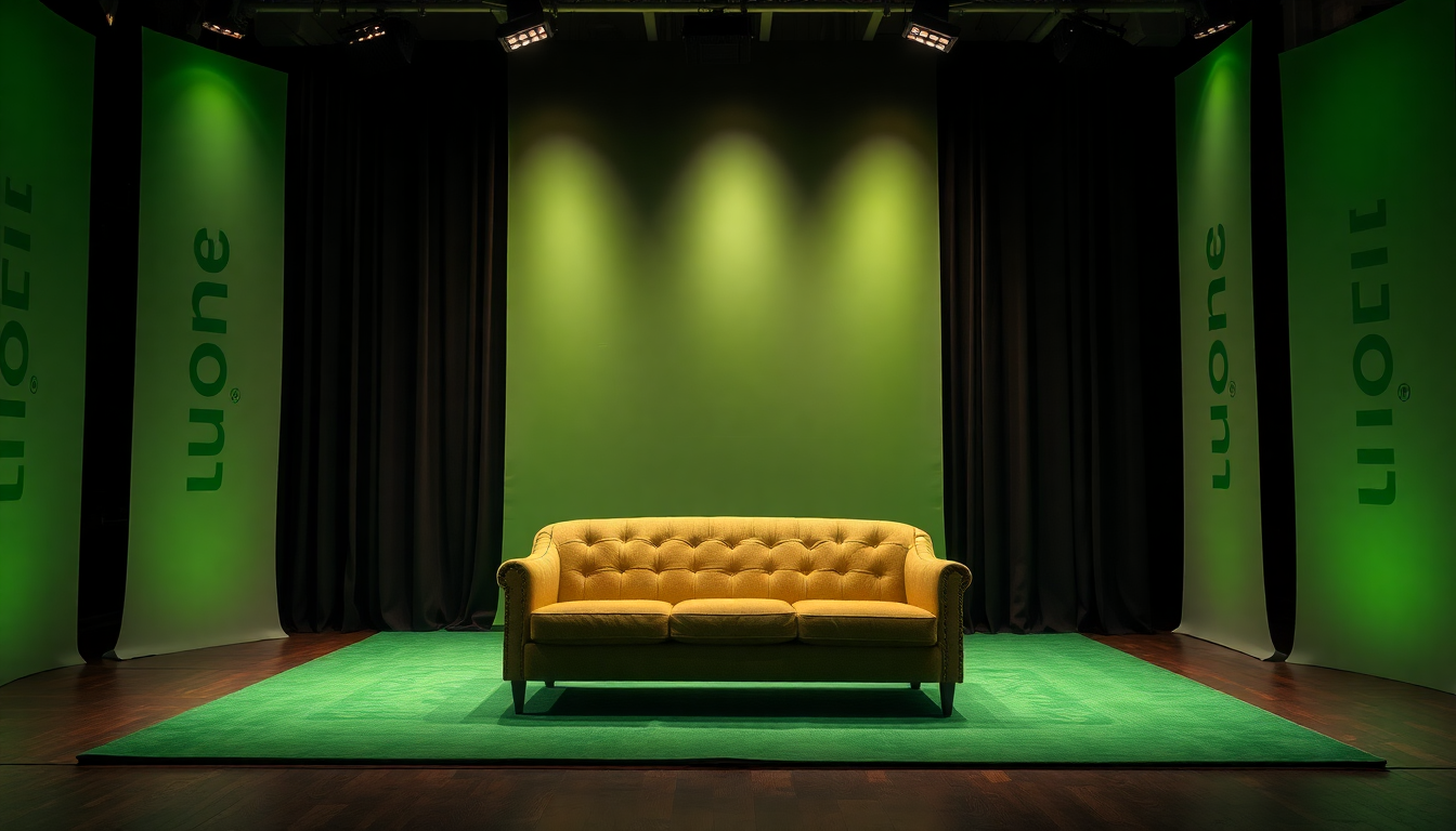A set of backdrops on a stage. The brand is green, a couch on it. Tall prints behind it 48x90
