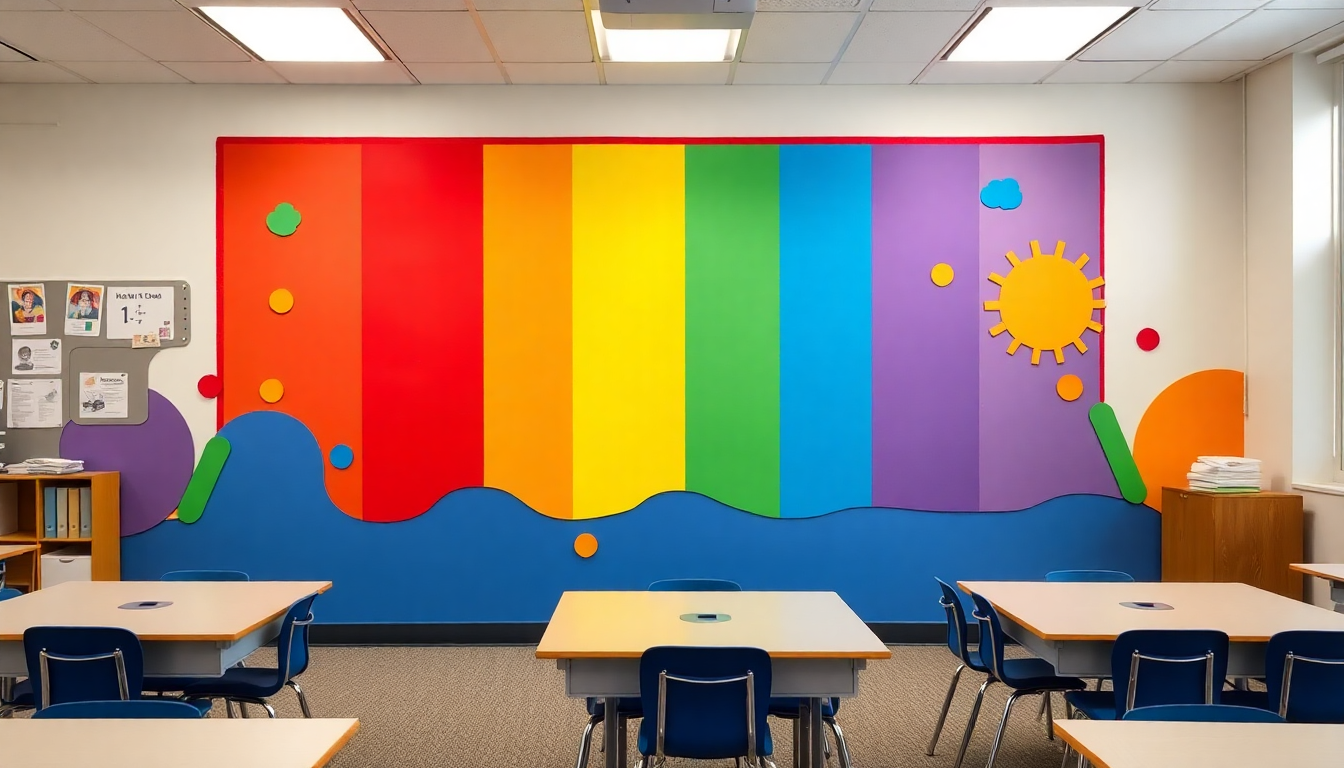 Colorful custom foam board backdrop in a classroom
