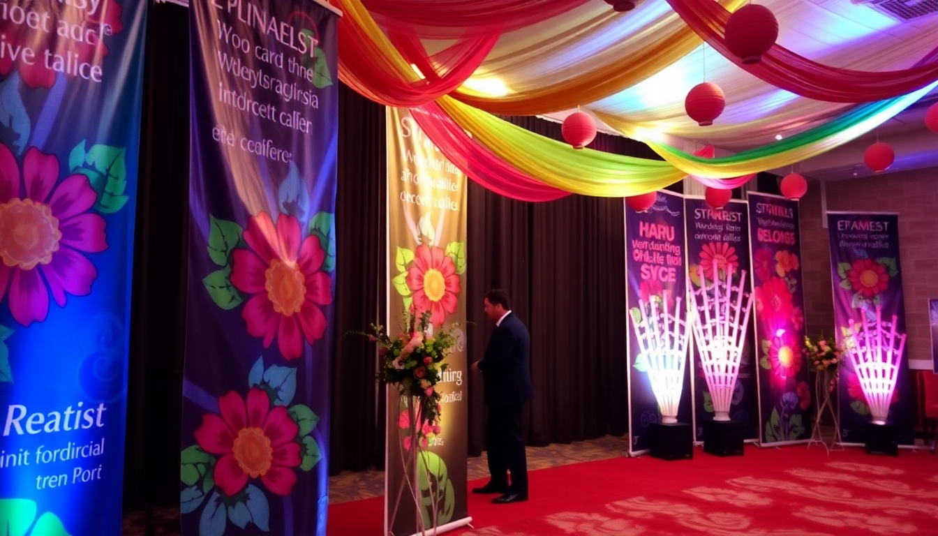 Event decorator arranging colorful printed banners