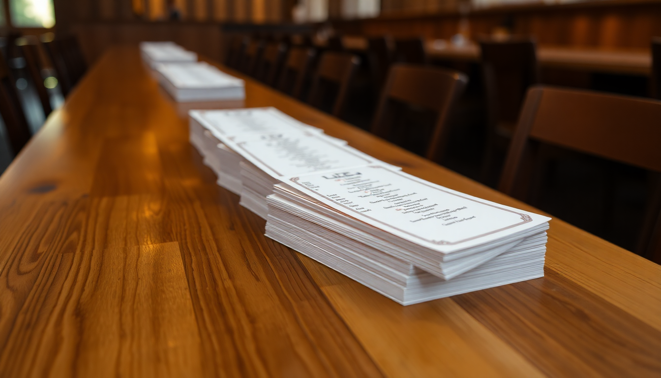 A stack of custom printed menu cards on wooden table long and narrow