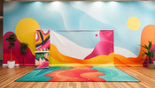 A vibrant print marketing display with a unique backdrop