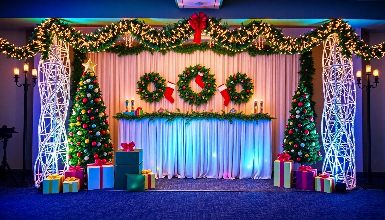 A festive holiday event with custom backdrop decorations