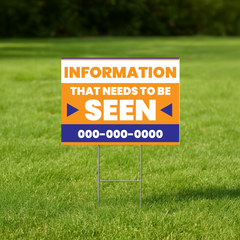 personalized yard signs for businesses displayed on a green lawn featuring bold orange and blue design and phone number