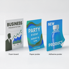 Custom Poster Printing trio showing foam board business chart paper party and adhesive product posters