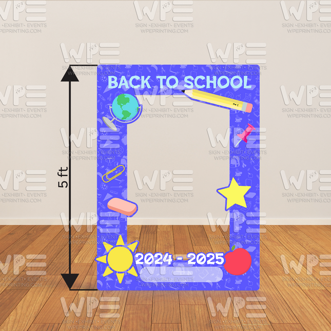 Blue 5ft back to school photo frame backdrop with school-themed icons for 2024-2025