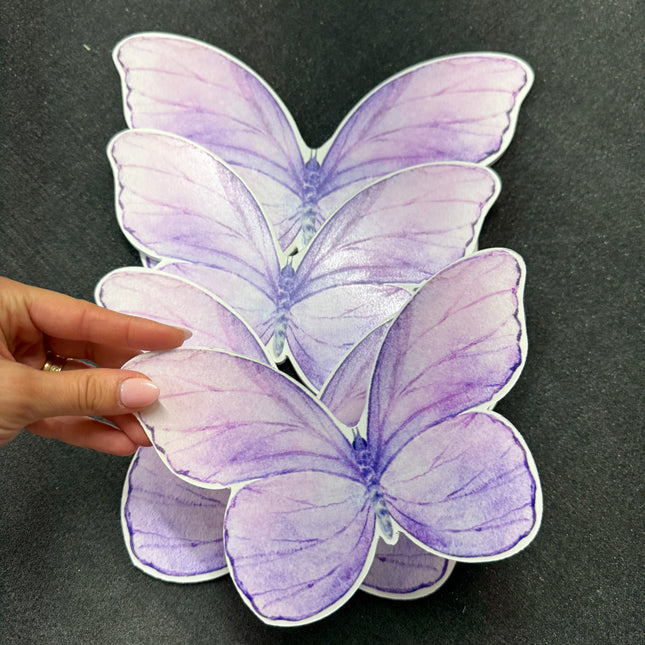 Purple butterfly cutout decorations from WPE Production held against a dark backdrop