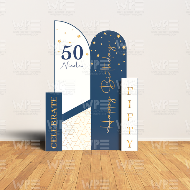 WPE Production 50th birthday party backdrop with gold stars navy and white panels for celebration