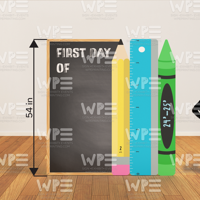 Custom back to school board printable with pencil, ruler, crayon, and child silhouette for first day celebration