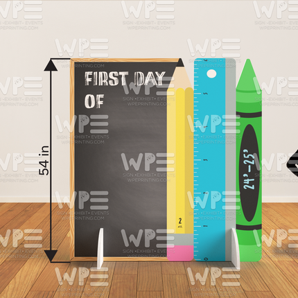 Custom back to school board printable with pencil, ruler, and crayon designs measuring 54 inches tall