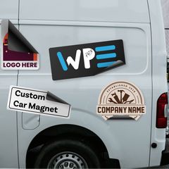 Custom car magnets featuring logos and company names on a white delivery van