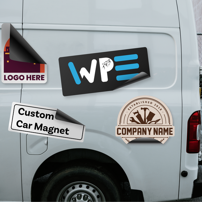 Custom car magnets featuring logos and company names on a white delivery van