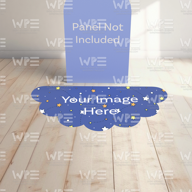 Custom die cut floor adhesive featuring a blue star pattern and space for personalized images