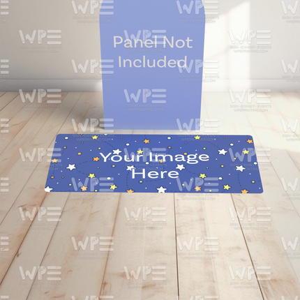 Custom die cut floor adhesive displaying a blue star design with a placeholder for your image