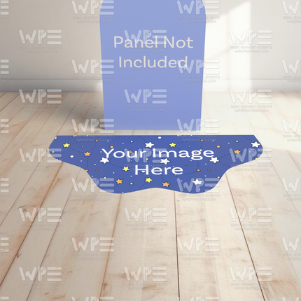 Custom die cut floor adhesive displaying a blue design with stars and customizable text area