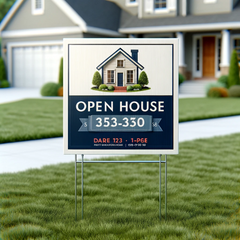 Double sided yard sign 18x24 advertising open house with house graphic and contact information