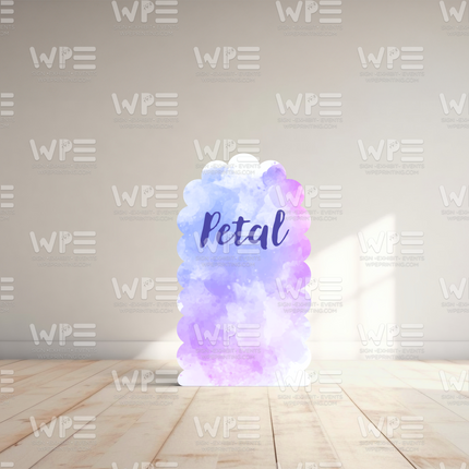 Purple and blue petal-shaped custom foam backdrop printing standing on wooden floor in bright room