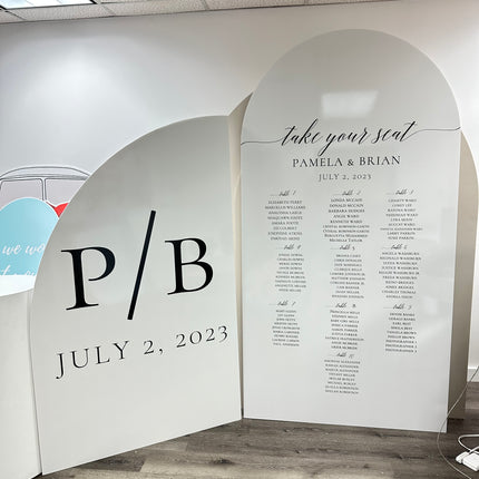 Custom foam backdrop printing with wedding seating chart and initials P B dated July 2 2023