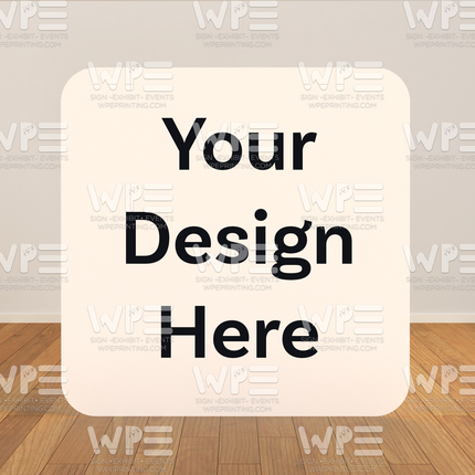 Custom photo backdrop for parties showing a blank design area with wood floor and neutral wall background