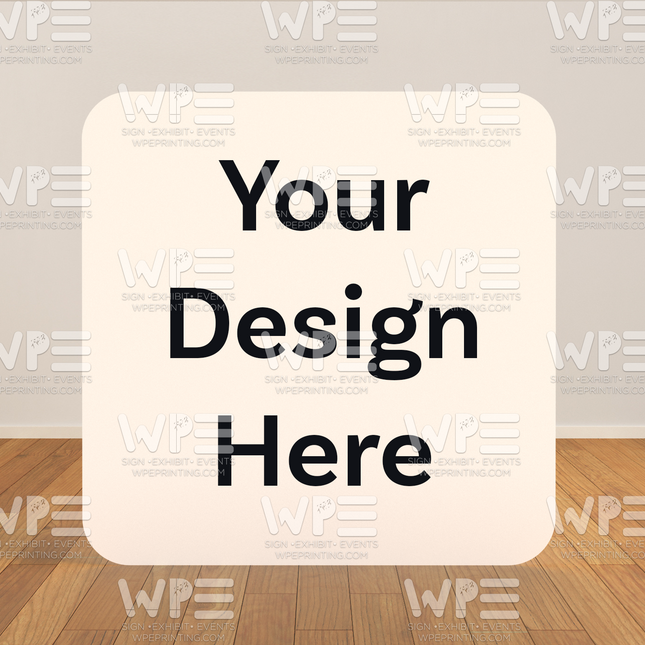 Custom photo backdrop for parties showing a blank design area with wood floor and neutral wall background