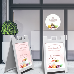 White A frame signs featuring colorful macaron graphic with custom sign inserts for A frame display