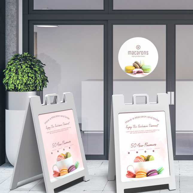White A frame signs featuring colorful macaron graphic with custom sign inserts for A frame display