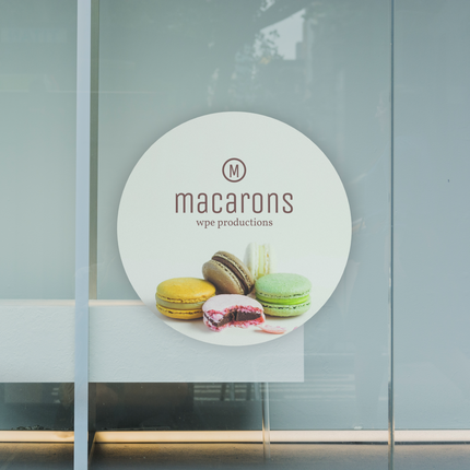 WPEProduction custom window decals featuring macarons design on glass storefront window