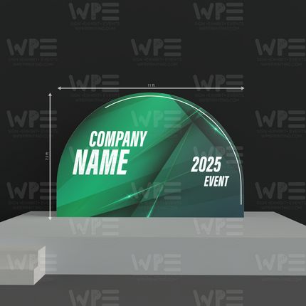 Dome stage backdrop set design for promotional events featuring modern graphics and customizable text