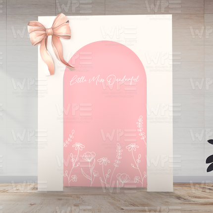 Double arch floral set with Bow backdrop in pink and white with floral designs and large satin bow