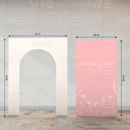 Double arch floral set with Bow backdrop showing cream arch and pink floral panel with measurements