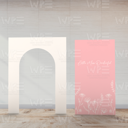 Double arch floral set with Bow backdrop featuring a white arch and pink floral panel for elegant event decoration