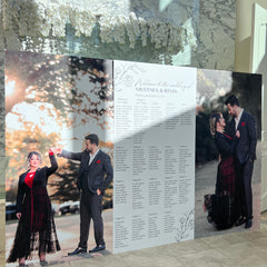 WPEProduction extra large foam prints backdrop featuring a wedding seating chart with couple photos