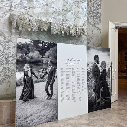 Extra large foam prints backdrop by WPEProduction showing black and white wedding photos and text list