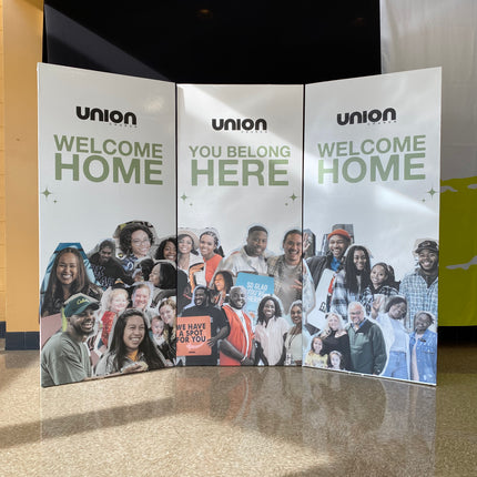 WPEProduction extra large foam prints backdrop with diverse group and welcome home message