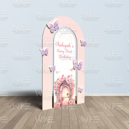 Pink fairy first birthday party decorations backdrop with butterflies and floral door design