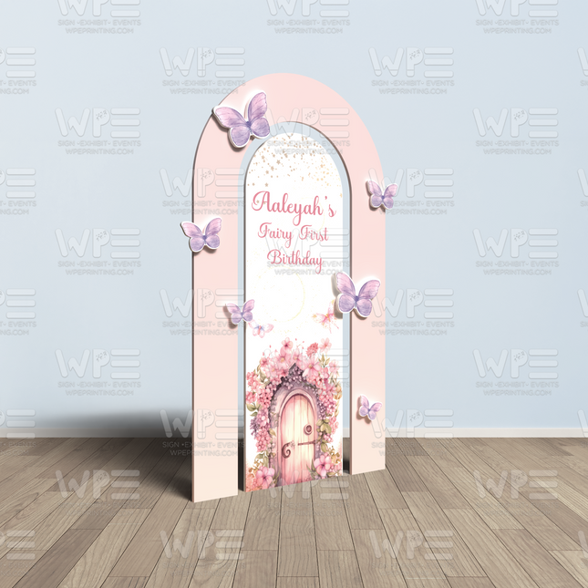Pink fairy first birthday party decorations backdrop with butterflies and floral door design