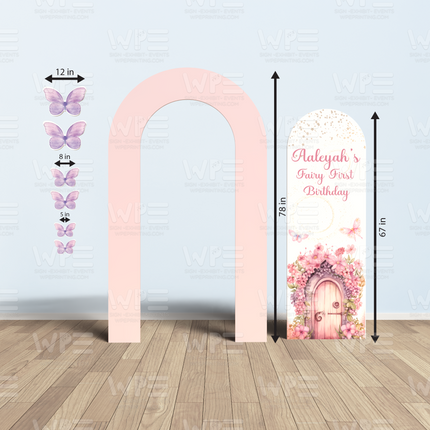 Fairy first birthday party decorations backdrop set with pink arch, floral door panel, and purple butterfly cutouts