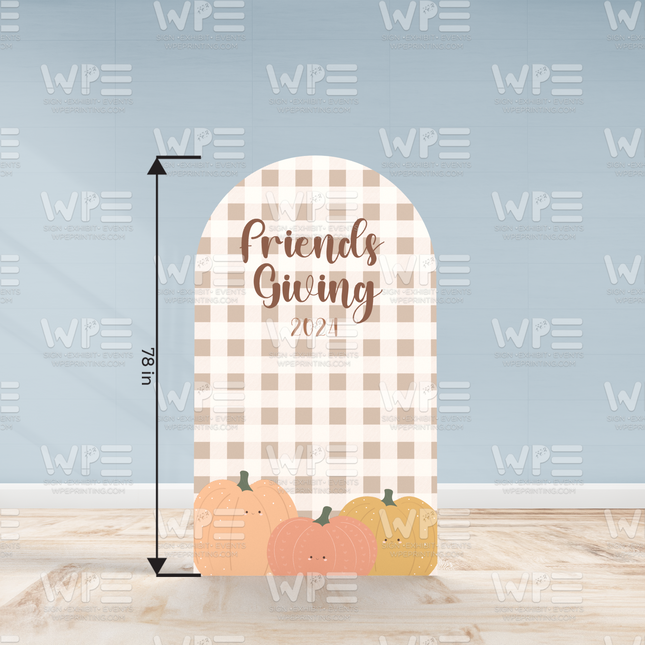 Friendsgiving fall Decor backdrop featuring pumpkins and a plaid design with the year 2021
