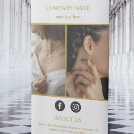 Elegant personalized pull up banner for business featuring logo, company name, images, social icons, and QR code
