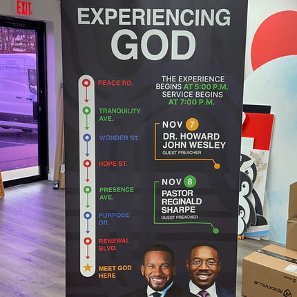 Personalized pull up banner for business featuring church event details and speaker information