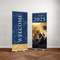 Personalized pull up banner for business with welcome message and class of 2025 graduation theme