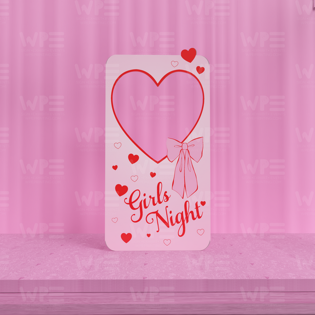 Girls night photo backdrop in pink with heart design and festive lettering for events