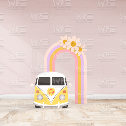 Yellow retro van with peace sign and pastel rainbow with flowers groovy birthday backdrop decorations