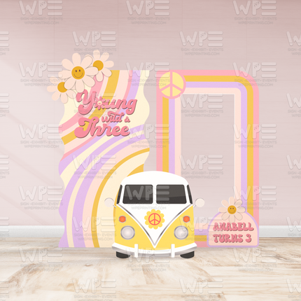 Groovy birthday backdrop decorations with retro van, peace sign, colorful waves, and happy birthday text