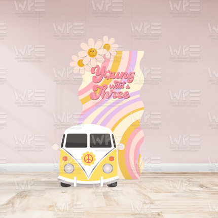 Colorful groovy birthday backdrop decorations with retro van and smiling flowers for young children