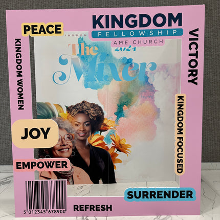 Custom 3D magazine booth featuring colorful promotional design for the Mixer event